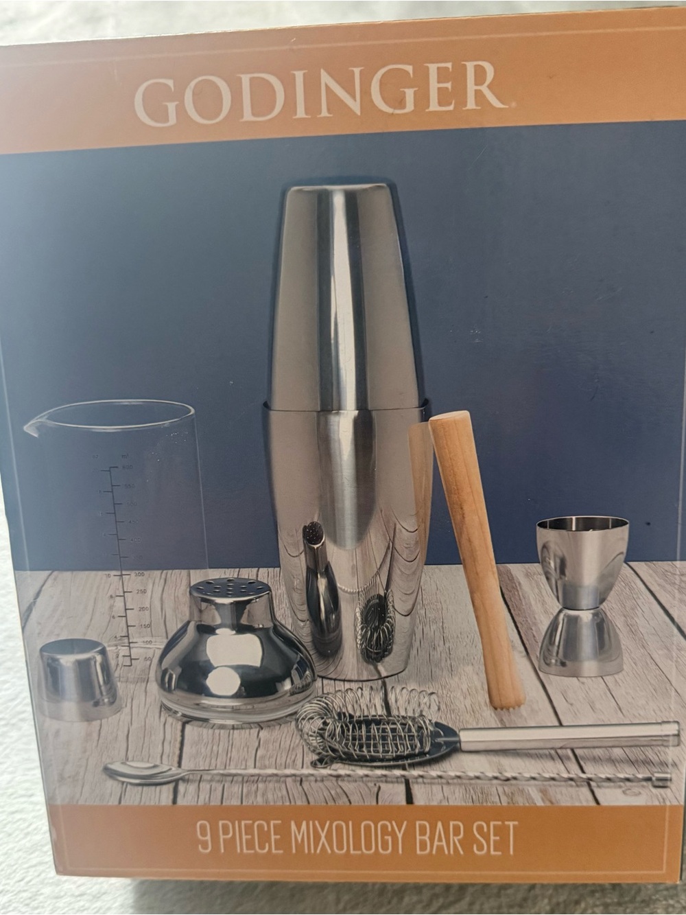 Godinger Stainless Steel and Wood 9-Piece Mixology Bar Set